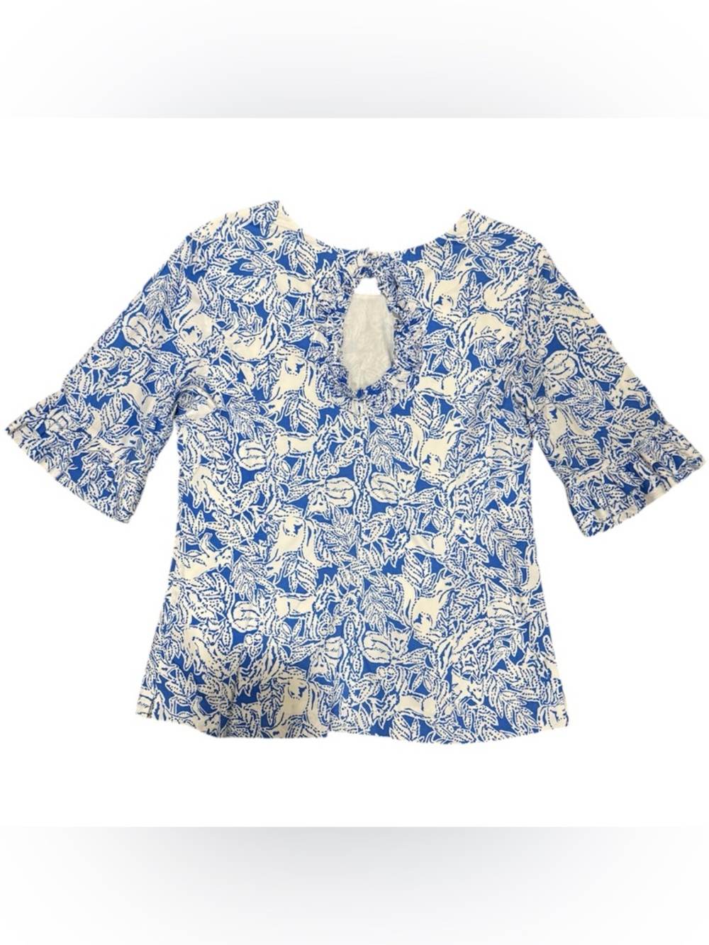 Lilly Pulitzer Lina Top Women 12 Blue White Foxed Up Print Ruffle Rare Preppy - Picture 2 of 11